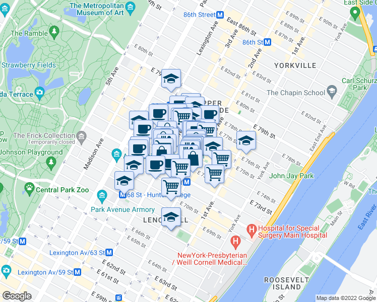 map of restaurants, bars, coffee shops, grocery stores, and more near 220 East 73rd Street in New York