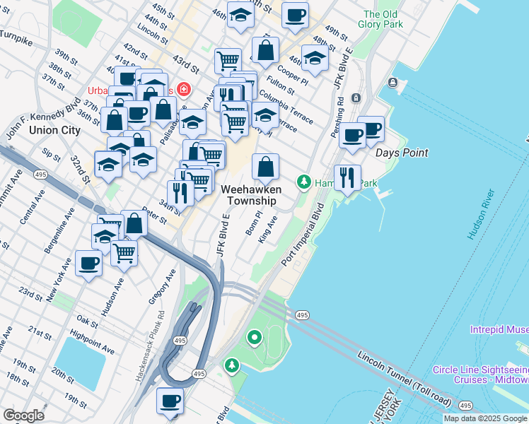 map of restaurants, bars, coffee shops, grocery stores, and more near 24 Bonn Place in Weehawken