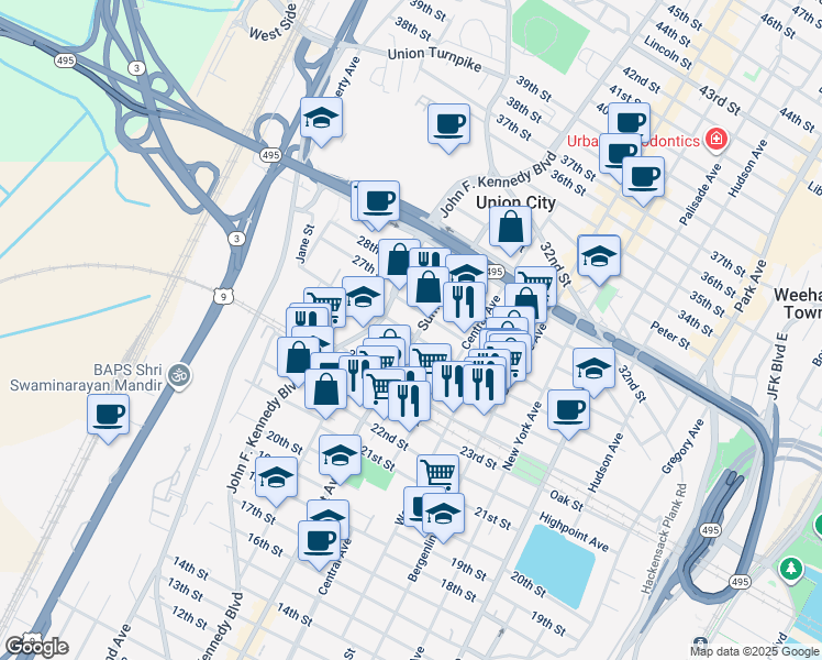map of restaurants, bars, coffee shops, grocery stores, and more near 2500 Summit Avenue in Union City