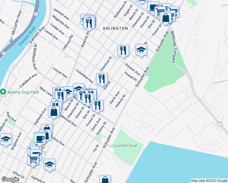 map of restaurants, bars, coffee shops, grocery stores, and more near 10 Pierce Place in Kearny
