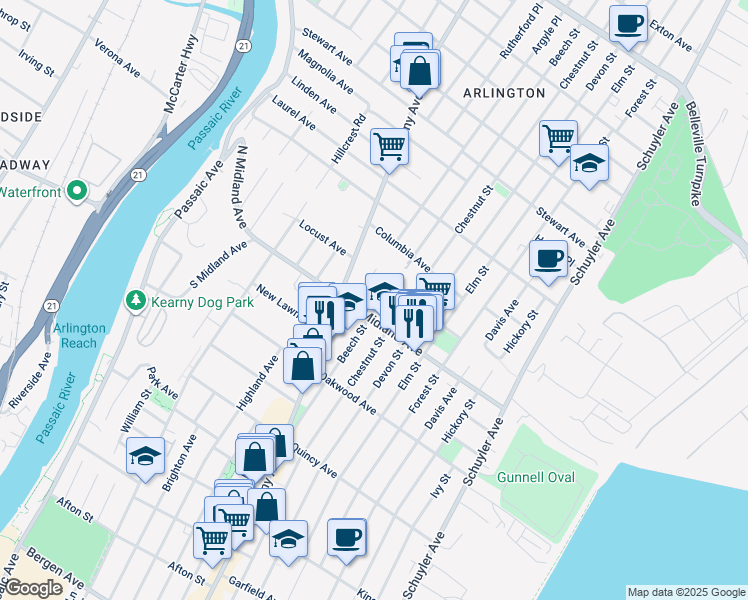 map of restaurants, bars, coffee shops, grocery stores, and more near 128 Midland Avenue in Kearny