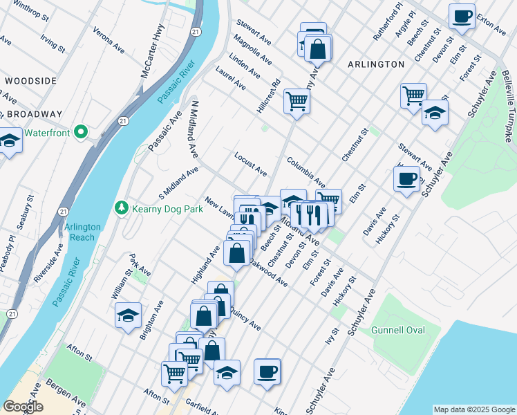 map of restaurants, bars, coffee shops, grocery stores, and more near 570 Kearny Avenue in Kearny