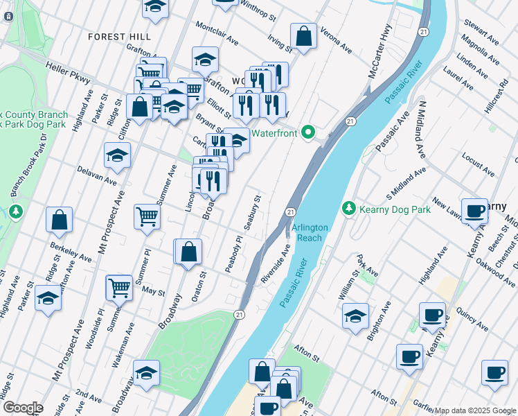 map of restaurants, bars, coffee shops, grocery stores, and more near 16 Seabury Street in Newark