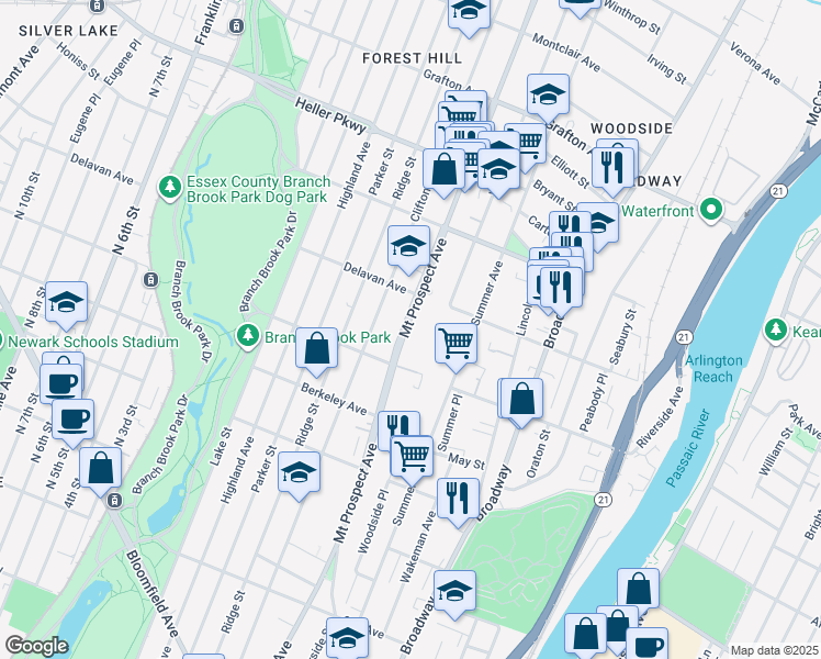 map of restaurants, bars, coffee shops, grocery stores, and more near 535-537 Mount Prospect Avenue in Newark