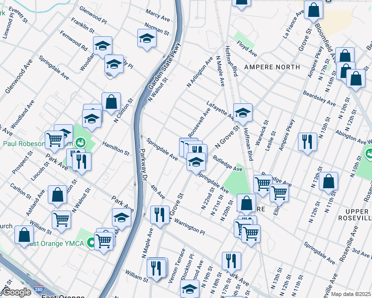 map of restaurants, bars, coffee shops, grocery stores, and more near in East Orange
