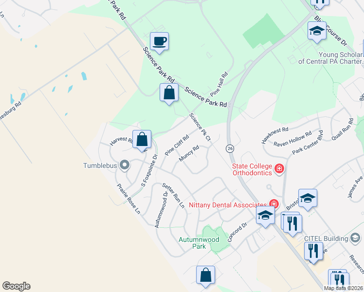 map of restaurants, bars, coffee shops, grocery stores, and more near Iroquois Road in State College