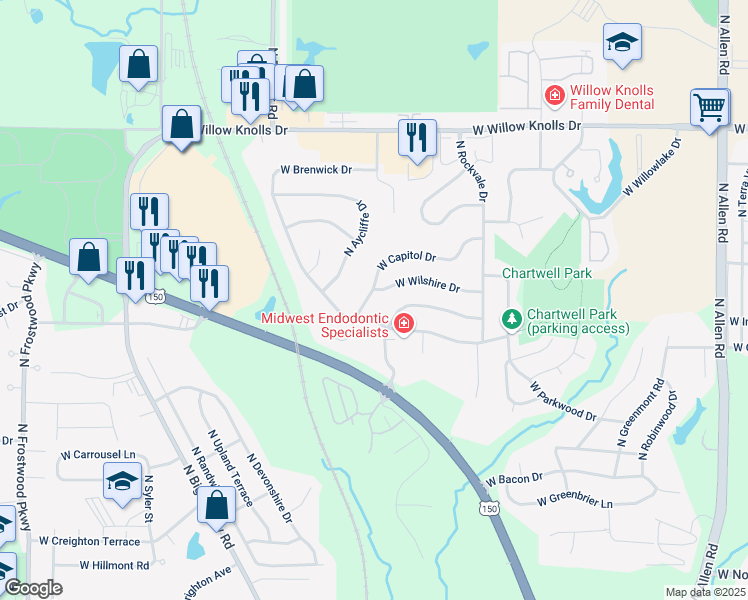 map of restaurants, bars, coffee shops, grocery stores, and more near 3411 West Chartwell Road in Peoria