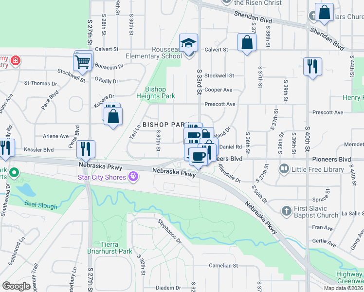 map of restaurants, bars, coffee shops, grocery stores, and more near 3100 Pioneers Boulevard in Lincoln