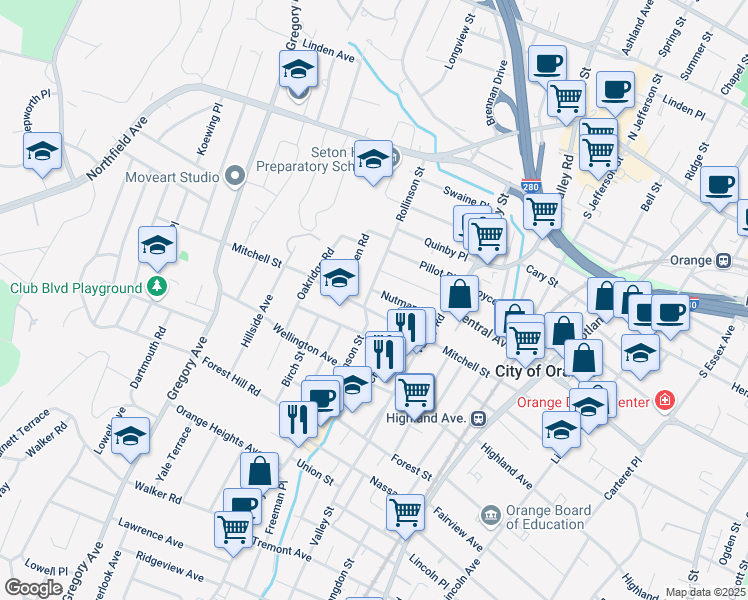 map of restaurants, bars, coffee shops, grocery stores, and more near 90 Mitchell Street in West Orange