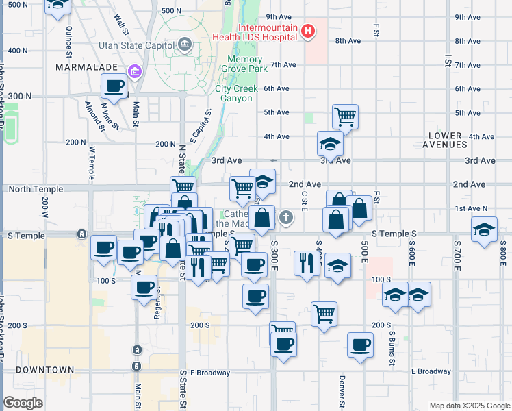 map of restaurants, bars, coffee shops, grocery stores, and more near 19 A Street East in Salt Lake City