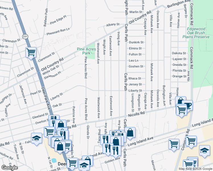map of restaurants, bars, coffee shops, grocery stores, and more near 210 Liberty Street in Deer Park