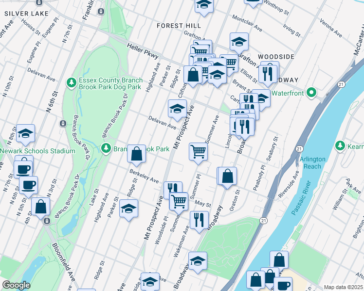 map of restaurants, bars, coffee shops, grocery stores, and more near 537 Mount Prospect Avenue in Newark