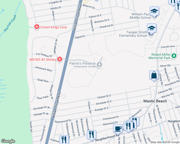 map of restaurants, bars, coffee shops, grocery stores, and more near 4 Pondview Circle in Shirley