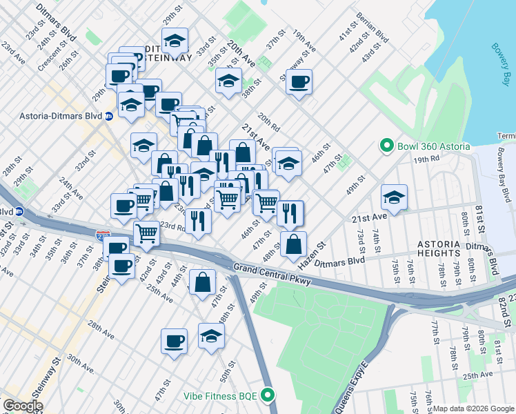 map of restaurants, bars, coffee shops, grocery stores, and more near 45-2 Ditmars Boulevard in Queens