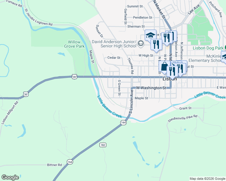 map of restaurants, bars, coffee shops, grocery stores, and more near 521 Maple Street in Lisbon