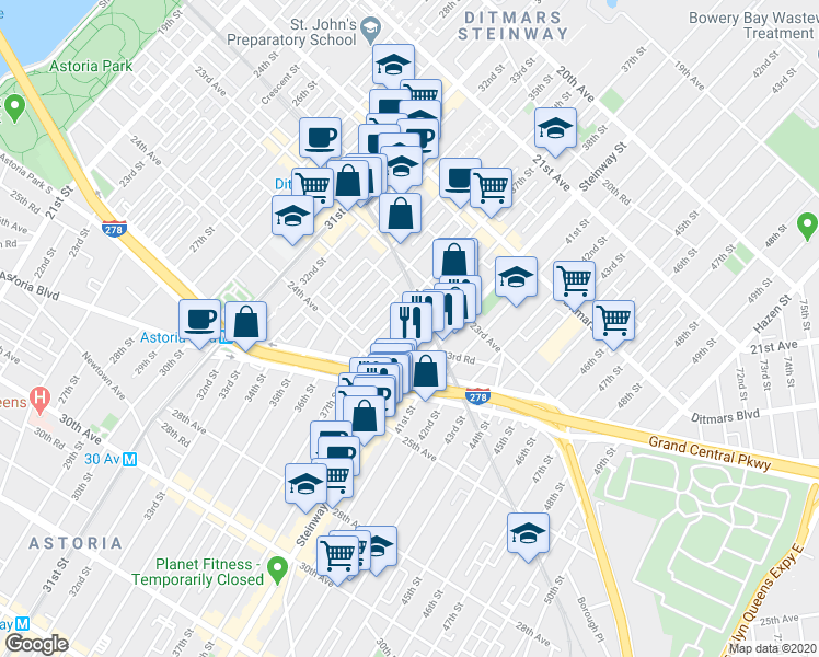 map of restaurants, bars, coffee shops, grocery stores, and more near 23-46 38th Street in Queens