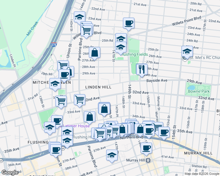 map of restaurants, bars, coffee shops, grocery stores, and more near 146-61 32nd Avenue in Queens
