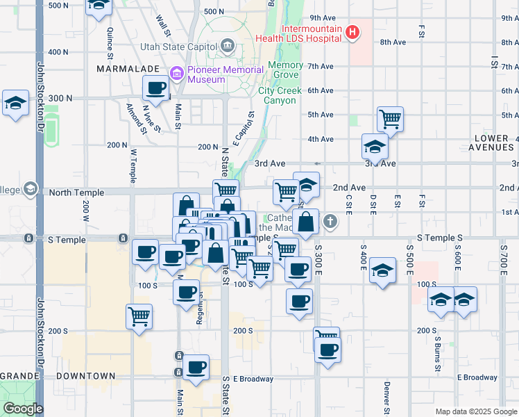 map of restaurants, bars, coffee shops, grocery stores, and more near 131 East 1st Avenue in Salt Lake City
