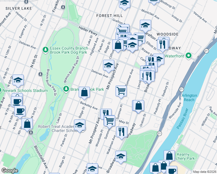 map of restaurants, bars, coffee shops, grocery stores, and more near 535-537 Mount Prospect Avenue in Newark