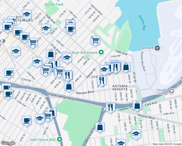 map of restaurants, bars, coffee shops, grocery stores, and more near Hazen Street in New York