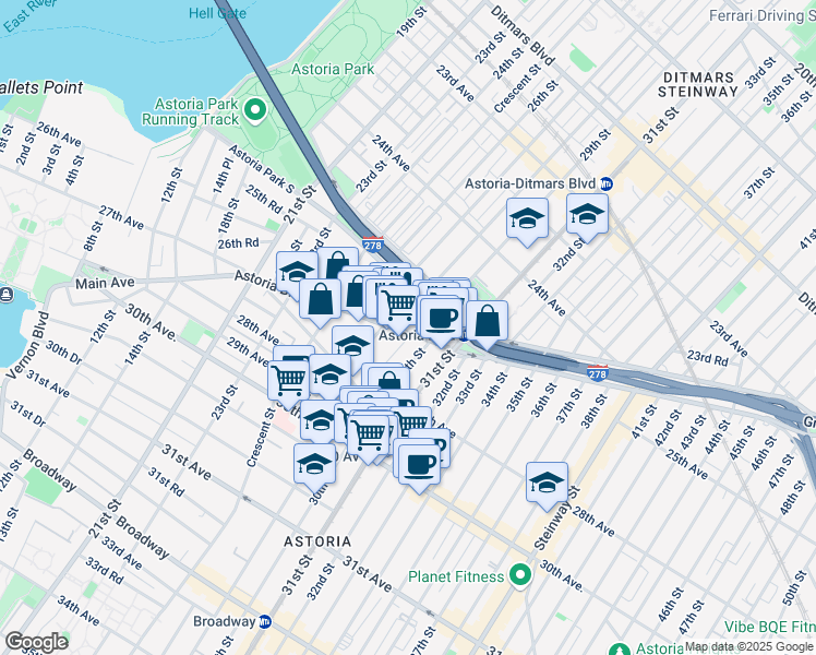 map of restaurants, bars, coffee shops, grocery stores, and more near 28-21 Astoria Boulevard in Queens