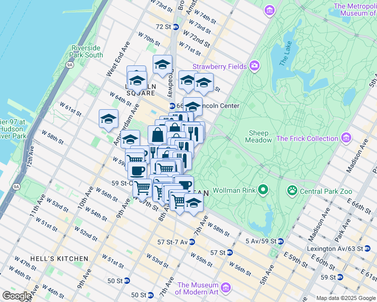 map of restaurants, bars, coffee shops, grocery stores, and more near 27 Central Park West in New York