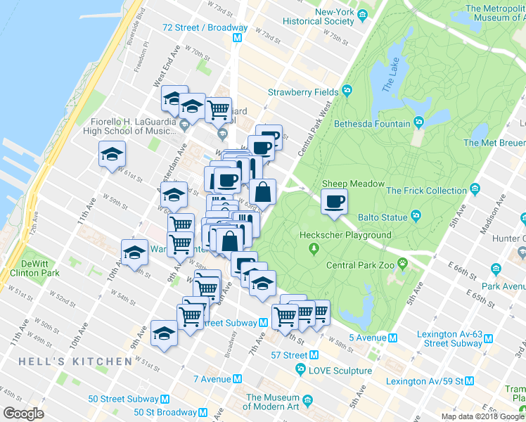 map of restaurants, bars, coffee shops, grocery stores, and more near 1 West 63rd Street in New York