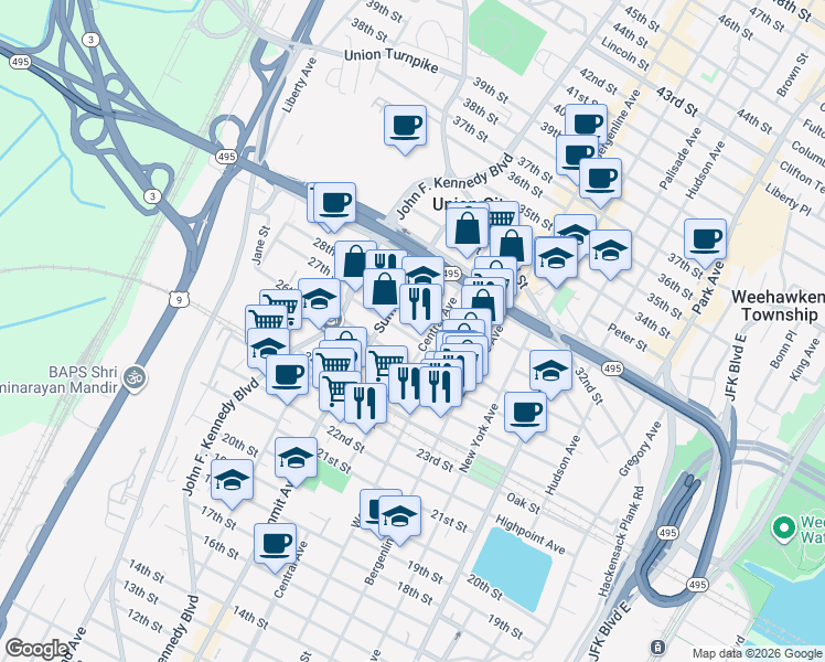 map of restaurants, bars, coffee shops, grocery stores, and more near 711 26th Street in Union City
