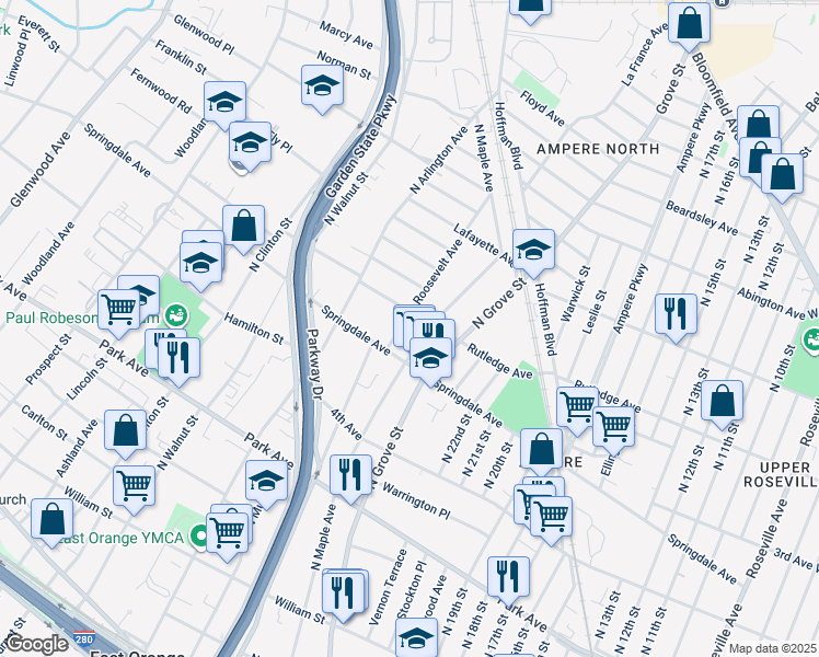 map of restaurants, bars, coffee shops, grocery stores, and more near in East Orange