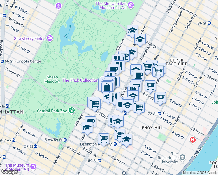 map of restaurants, bars, coffee shops, grocery stores, and more near 21 East 70th Street in New York