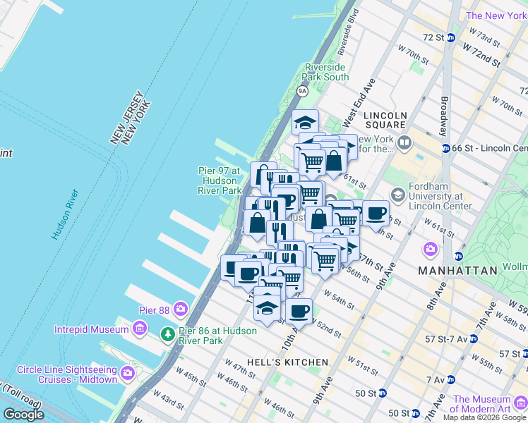 map of restaurants, bars, coffee shops, grocery stores, and more near 786 12th Avenue in New York