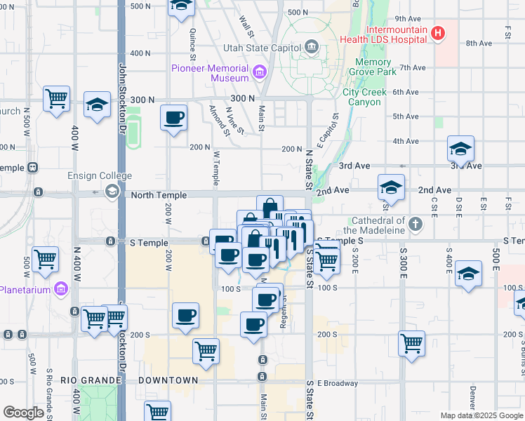 map of restaurants, bars, coffee shops, grocery stores, and more near 50 North Temple in Salt Lake City
