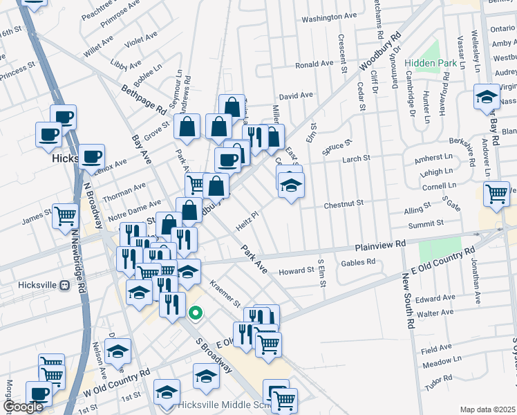 map of restaurants, bars, coffee shops, grocery stores, and more near 48 Mckinley Avenue in Hicksville