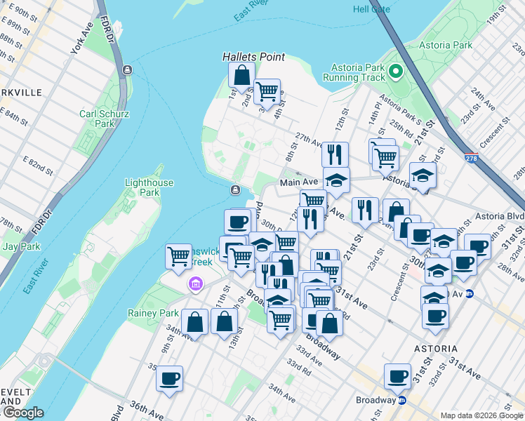 map of restaurants, bars, coffee shops, grocery stores, and more near 11-27 30th Drive in Queens