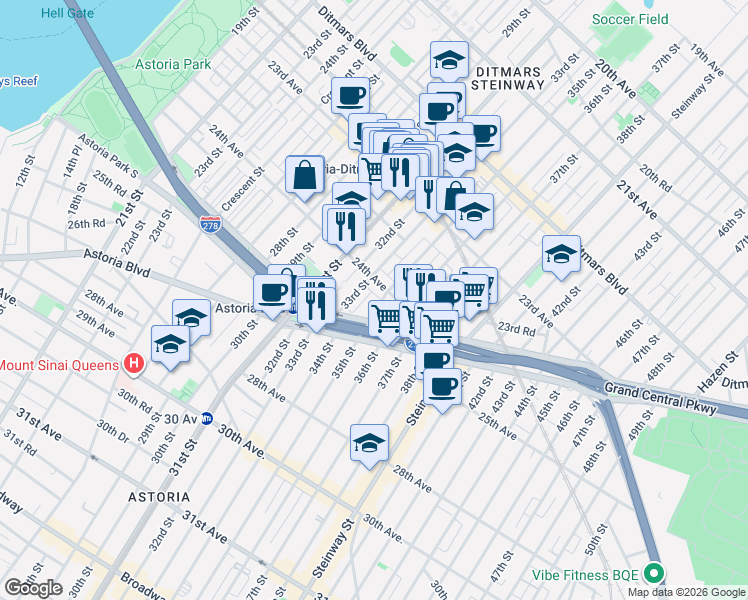 map of restaurants, bars, coffee shops, grocery stores, and more near 33-3 24th Avenue in Queens
