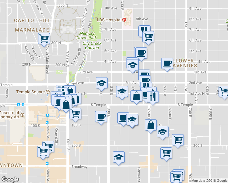 map of restaurants, bars, coffee shops, grocery stores, and more near 54 B Street in Salt Lake City