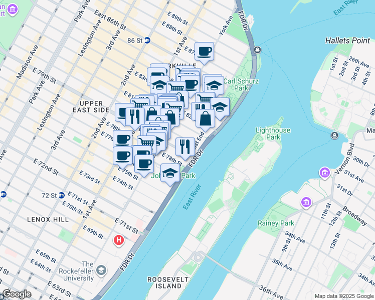 map of restaurants, bars, coffee shops, grocery stores, and more near 565 East 79th Street in New York