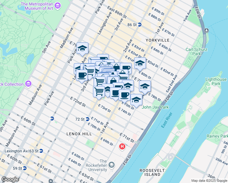 map of restaurants, bars, coffee shops, grocery stores, and more near 348 East 76th Street in New York