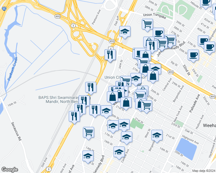 map of restaurants, bars, coffee shops, grocery stores, and more near 2200 Paterson Plank Road in North Bergen