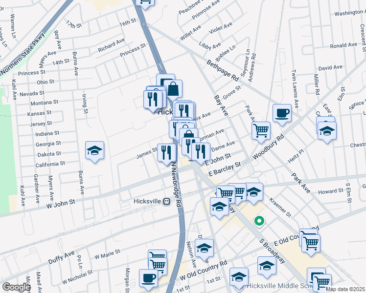 map of restaurants, bars, coffee shops, grocery stores, and more near 113 North Broadway in Hicksville