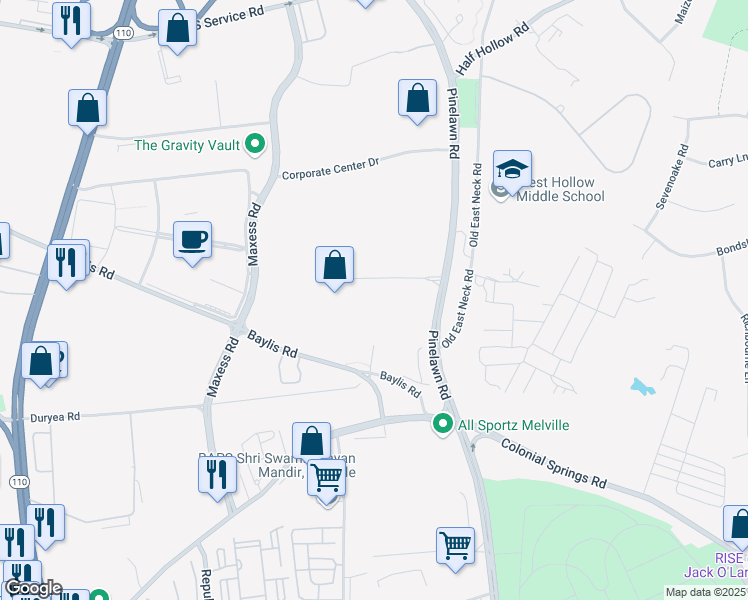 map of restaurants, bars, coffee shops, grocery stores, and more near 145 Pinelawn Road in Melville