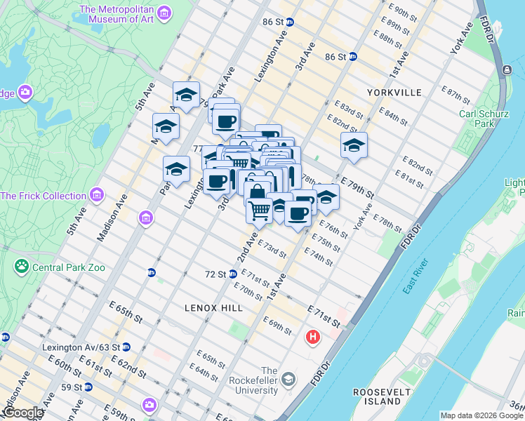 map of restaurants, bars, coffee shops, grocery stores, and more near 1439 2nd Avenue in New York
