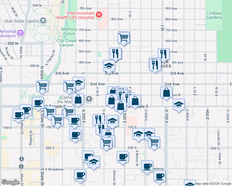 map of restaurants, bars, coffee shops, grocery stores, and more near 82 E Street East in Salt Lake City