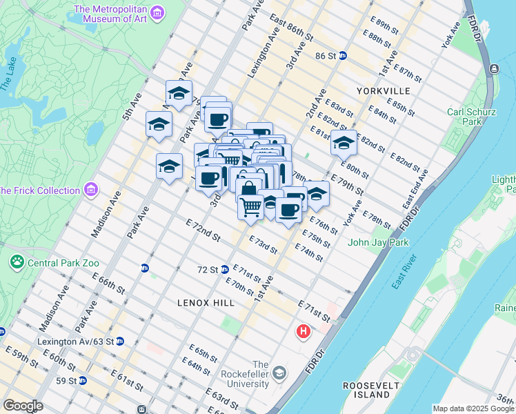 map of restaurants, bars, coffee shops, grocery stores, and more near 294 East 75th Street in New York