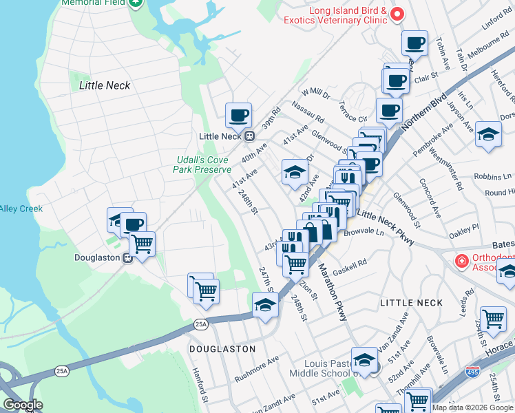map of restaurants, bars, coffee shops, grocery stores, and more near 41-22 249th Street in Queens