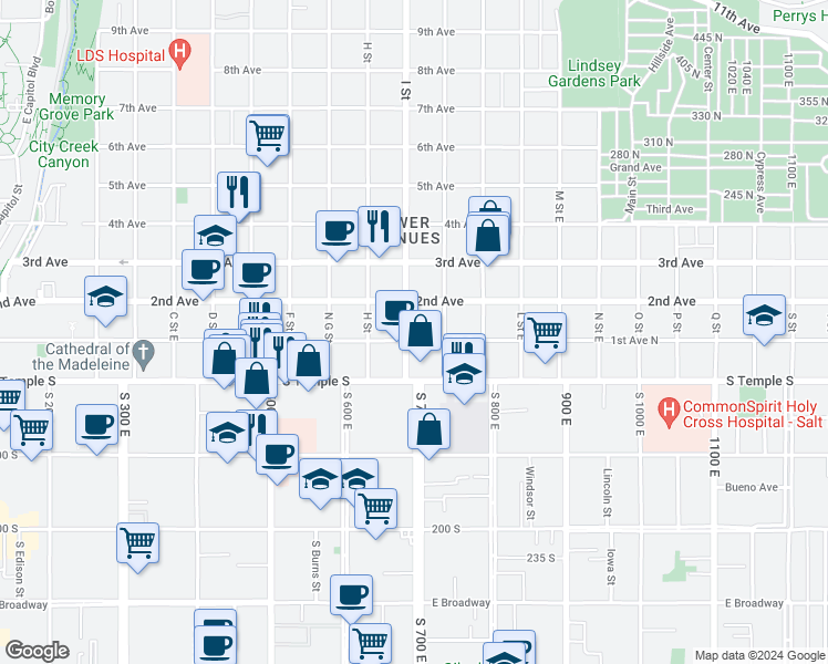 map of restaurants, bars, coffee shops, grocery stores, and more near 603-607 1st Avenue North in Salt Lake City