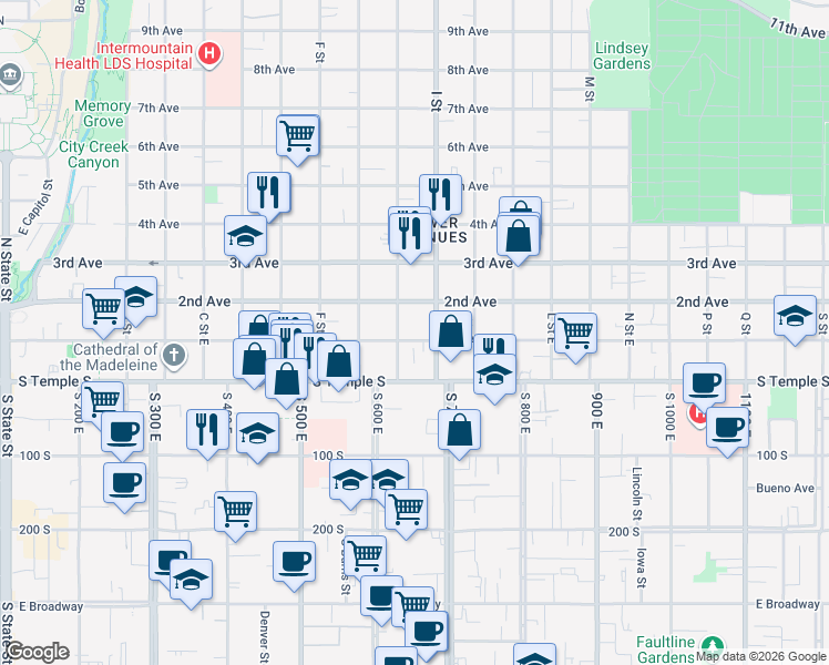 map of restaurants, bars, coffee shops, grocery stores, and more near 89 H Street in Salt Lake City