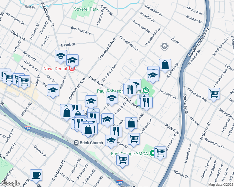map of restaurants, bars, coffee shops, grocery stores, and more near Park Ave & Prospect St in East Orange