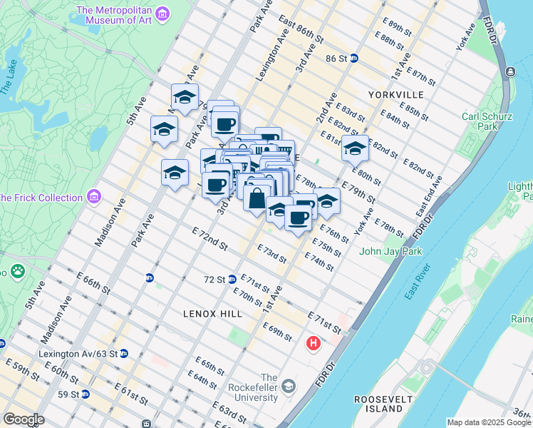 map of restaurants, bars, coffee shops, grocery stores, and more near 290 East 75th Street in New York