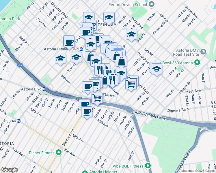 map of restaurants, bars, coffee shops, grocery stores, and more near 23-01 Steinway Street in Queens